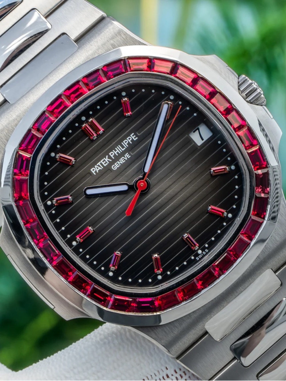 Black Dial Stainless Steel Watch with Red Gem Bezel